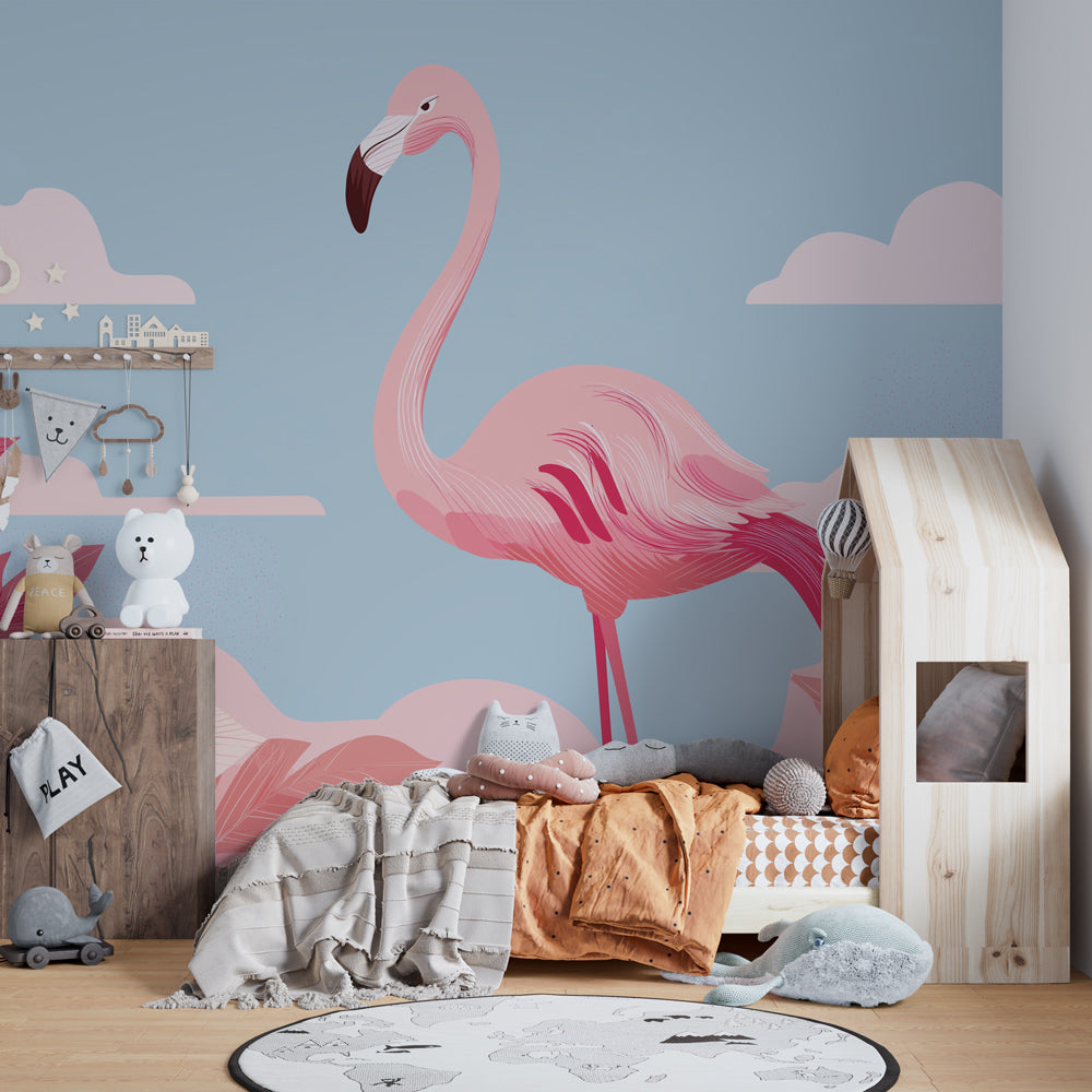 Tropical flamingo wallpaper creating exotic paradise in children's bedroom decor