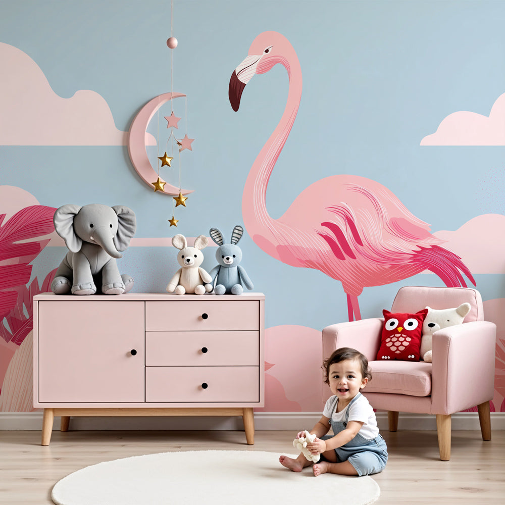 Pink flamingo tropical mural wallpaper in bright nursery with white crib by Kids-Mundo