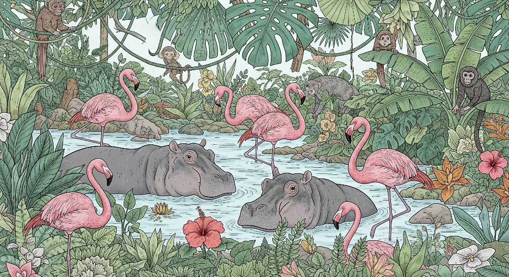 Flamingos and Hippos at a Tropical Jungle River Wall Mural