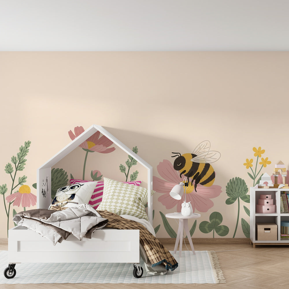 Garden themed bee and flower mural wallpaper transforming children's bedroom into nature sanctuary