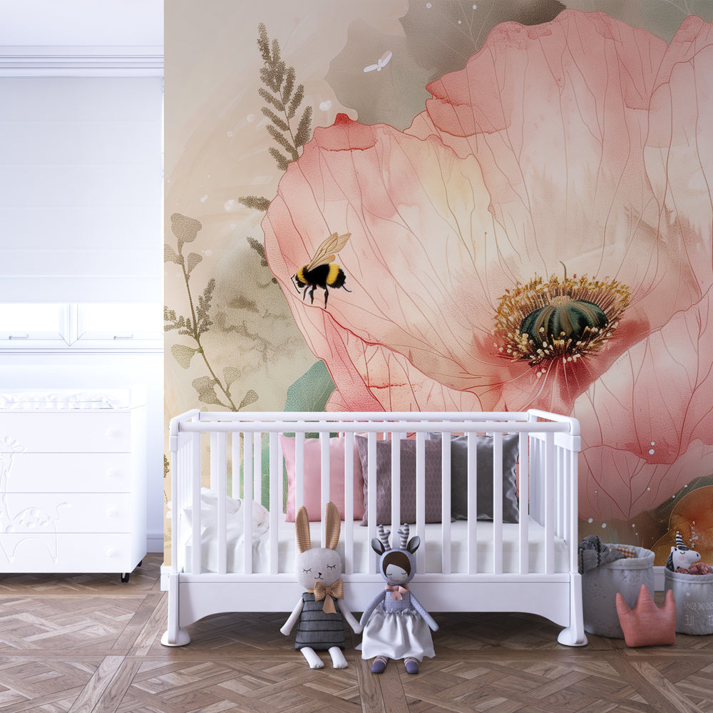 Dreamy poppy and bee wallpaper creating magical children's bedroom atmosphere