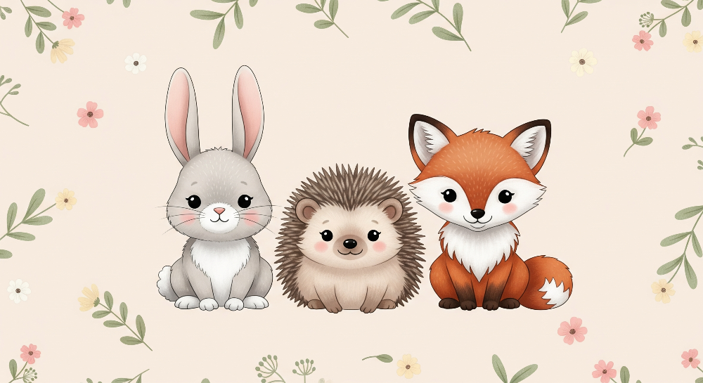 Bunny, Fox and Hedgehog Floral Wall Mural