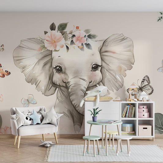 Kids-Mundo watercolour elephant floral mural styled in an elegant girl's bedroom