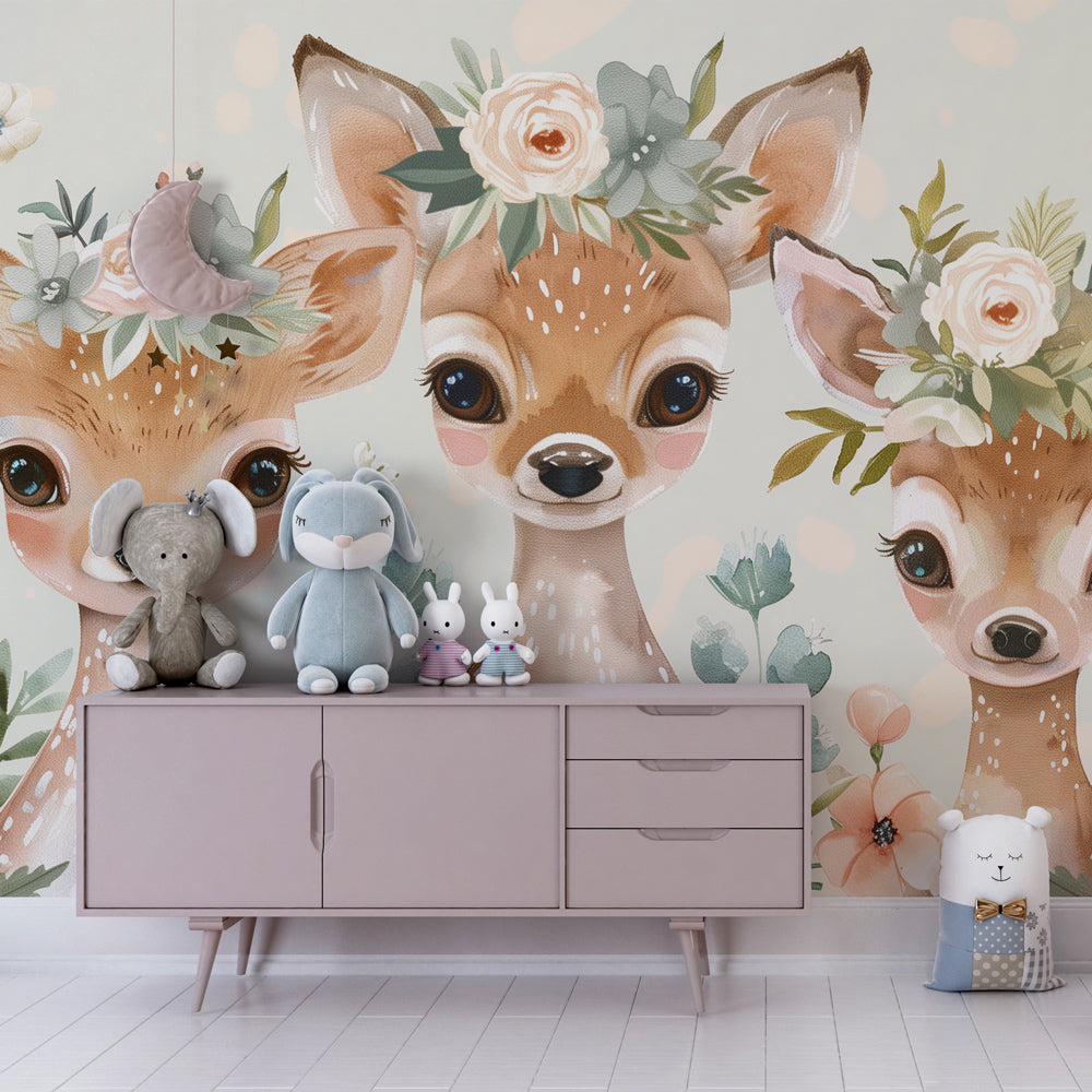 Pastel fawn wallpaper with wildflowers decorating modern toddler bedroom by Kids-Mundo