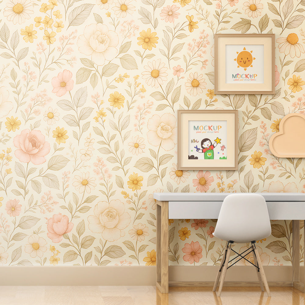 Botanical garden wallpaper creating serene children's bedroom with pastel flowers and cream background