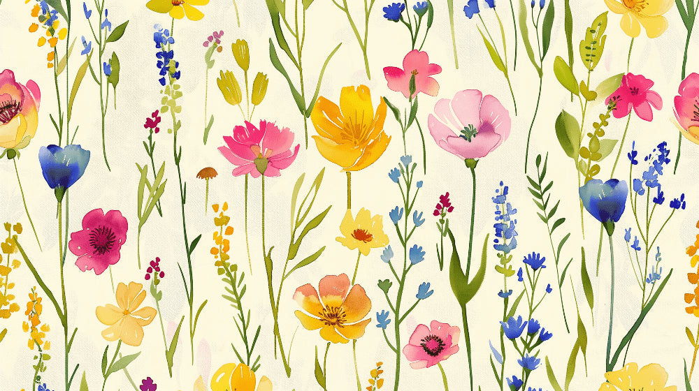 Detailed floral garden mural wallpaper design pattern with spring blooms by Kids-Mundo