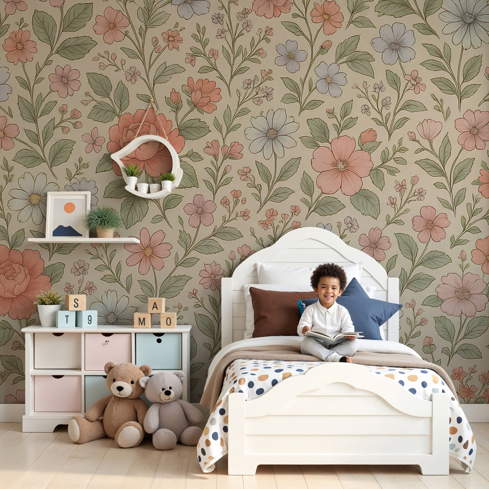 Pastel floral garden mural wallpaper decorating a serene nursery by Kids-Mundo