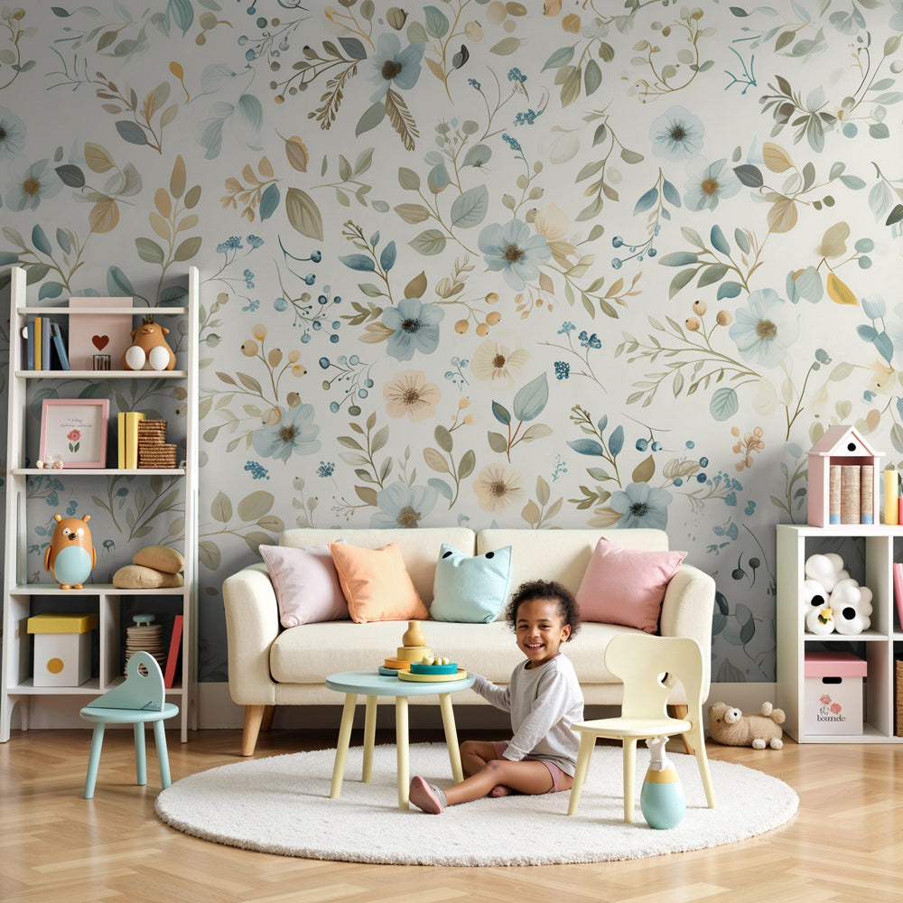 Soft beige floral garden mural wallpaper creating peaceful nursery atmosphere by Kids-Mundo