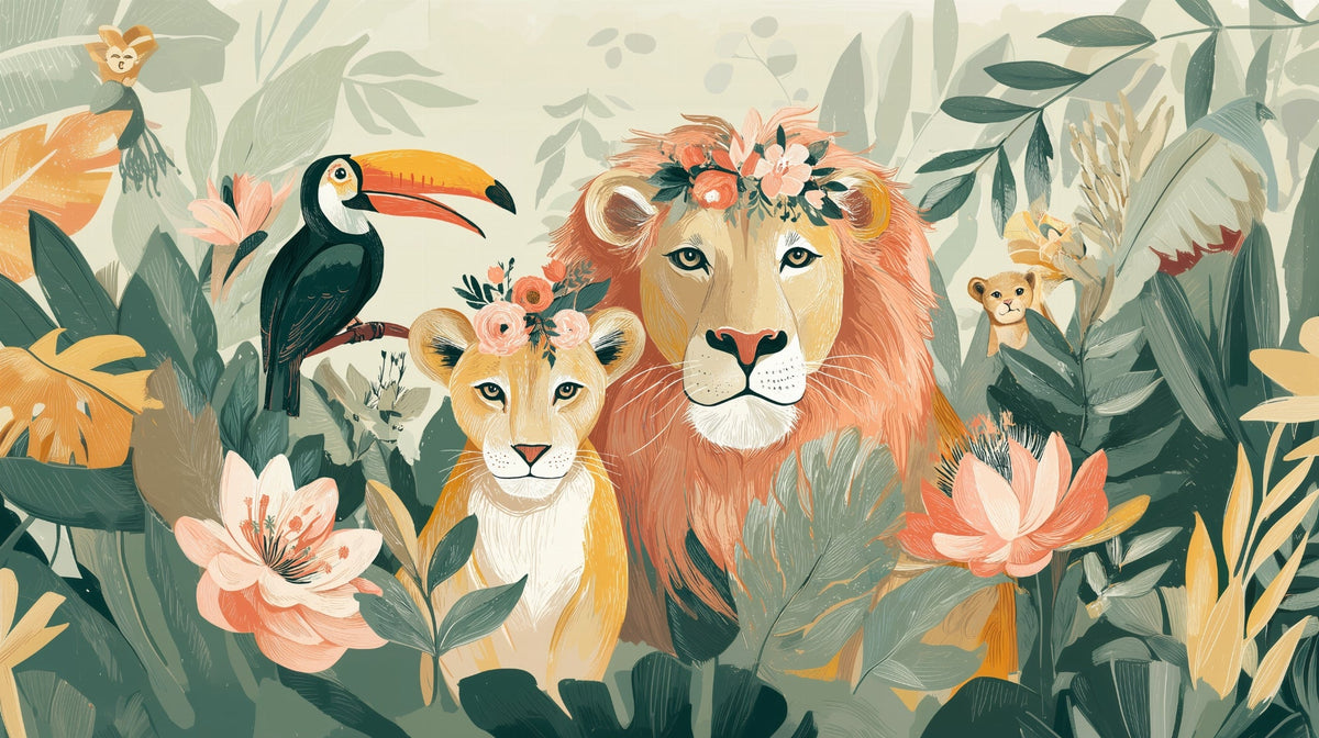 Lion Family and Toucan Jungle Wall Mural