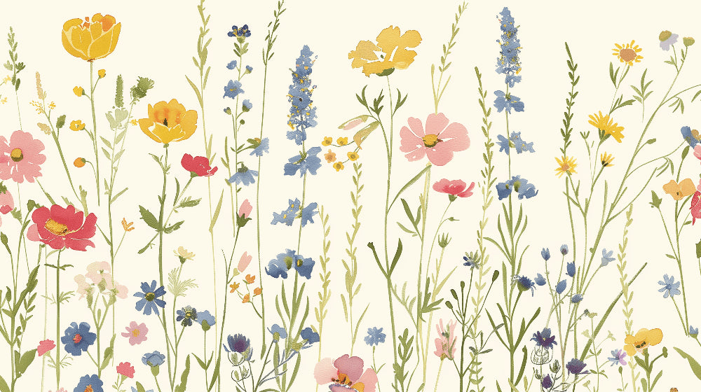 Detailed pastel floral meadow mural wallpaper design pattern with botanical elements by Kids-Mundo