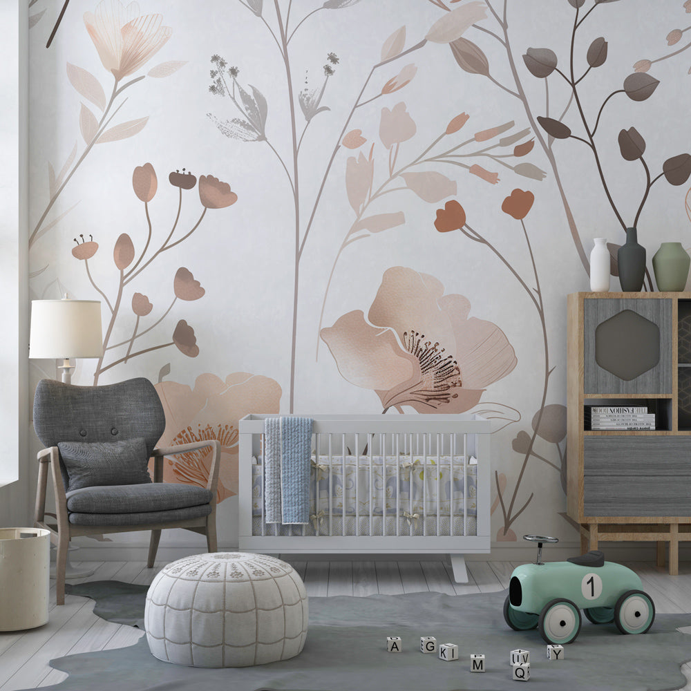 Soft pastel floral wallpaper transforming baby bedroom into serene sanctuary
