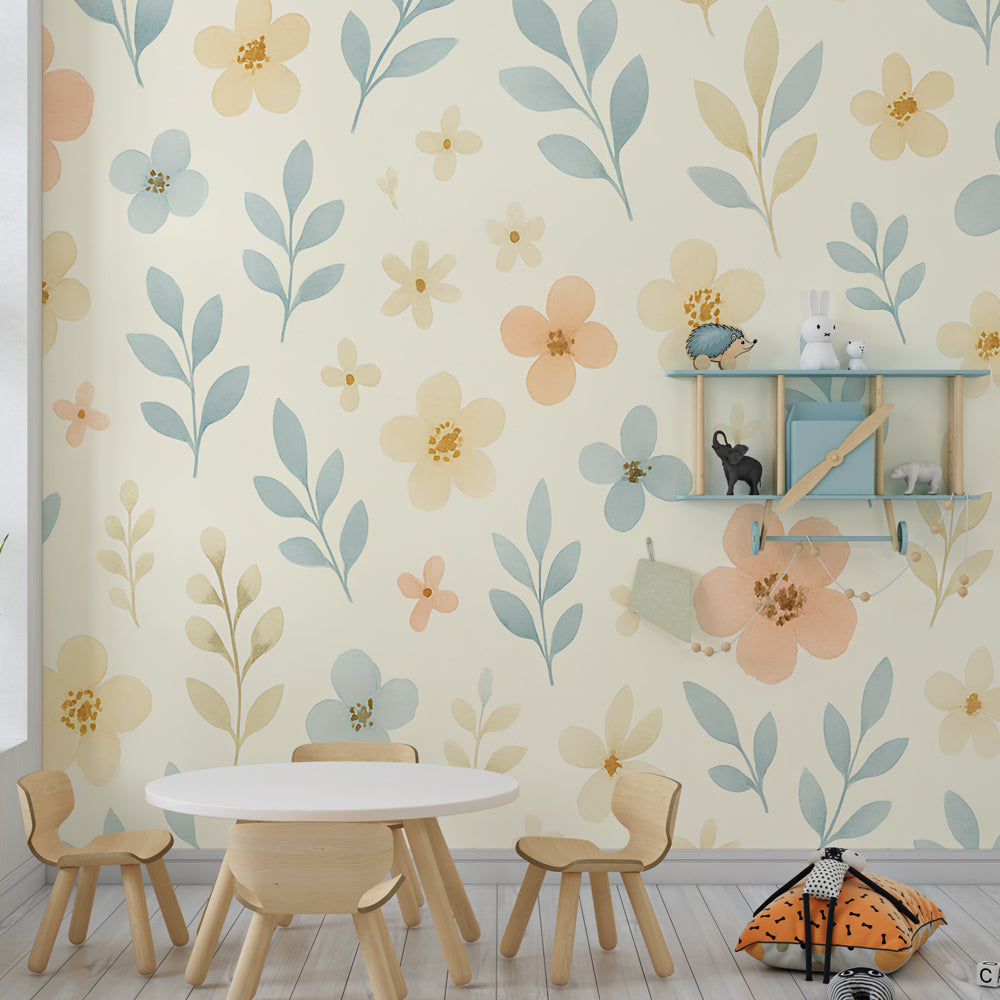 Hand-painted flower wallpaper with light wood furniture in cozy children's bedroom setting
