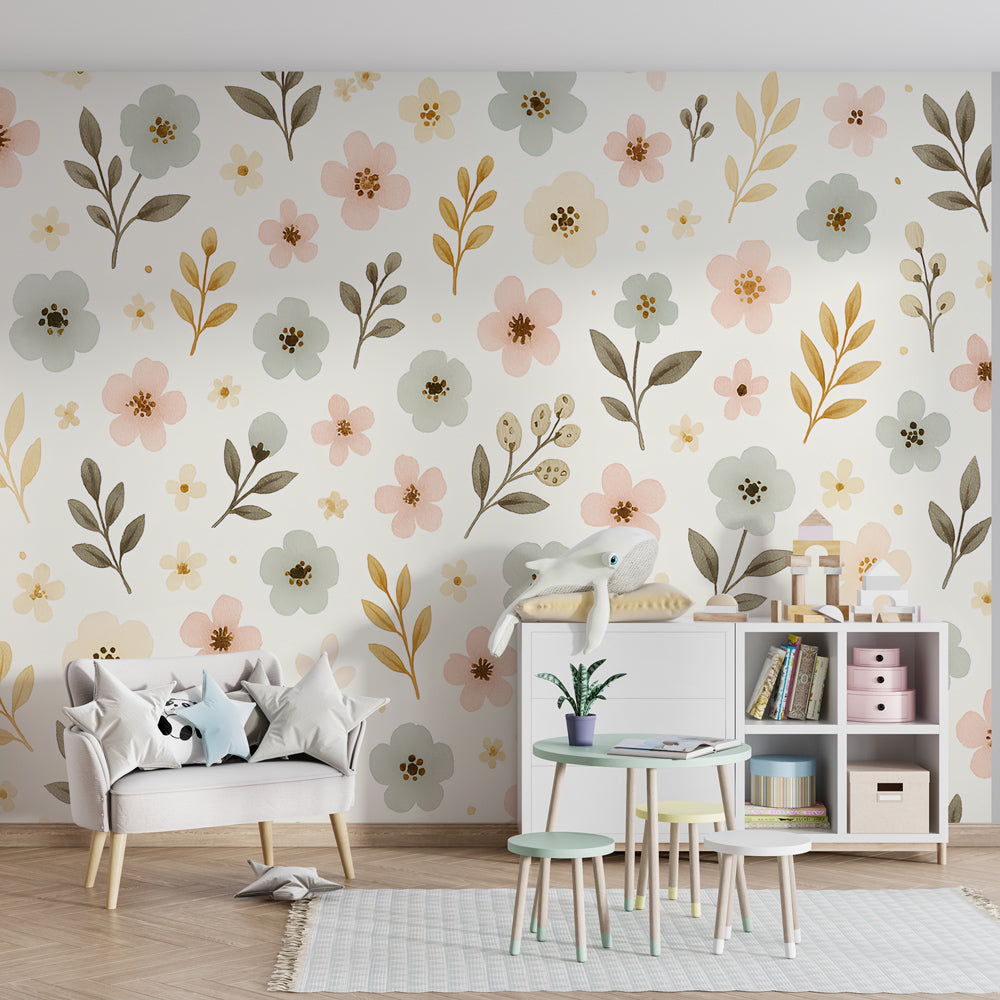 Pink and blue flower wallpaper creating peaceful kids bedroom atmosphere with natural furniture