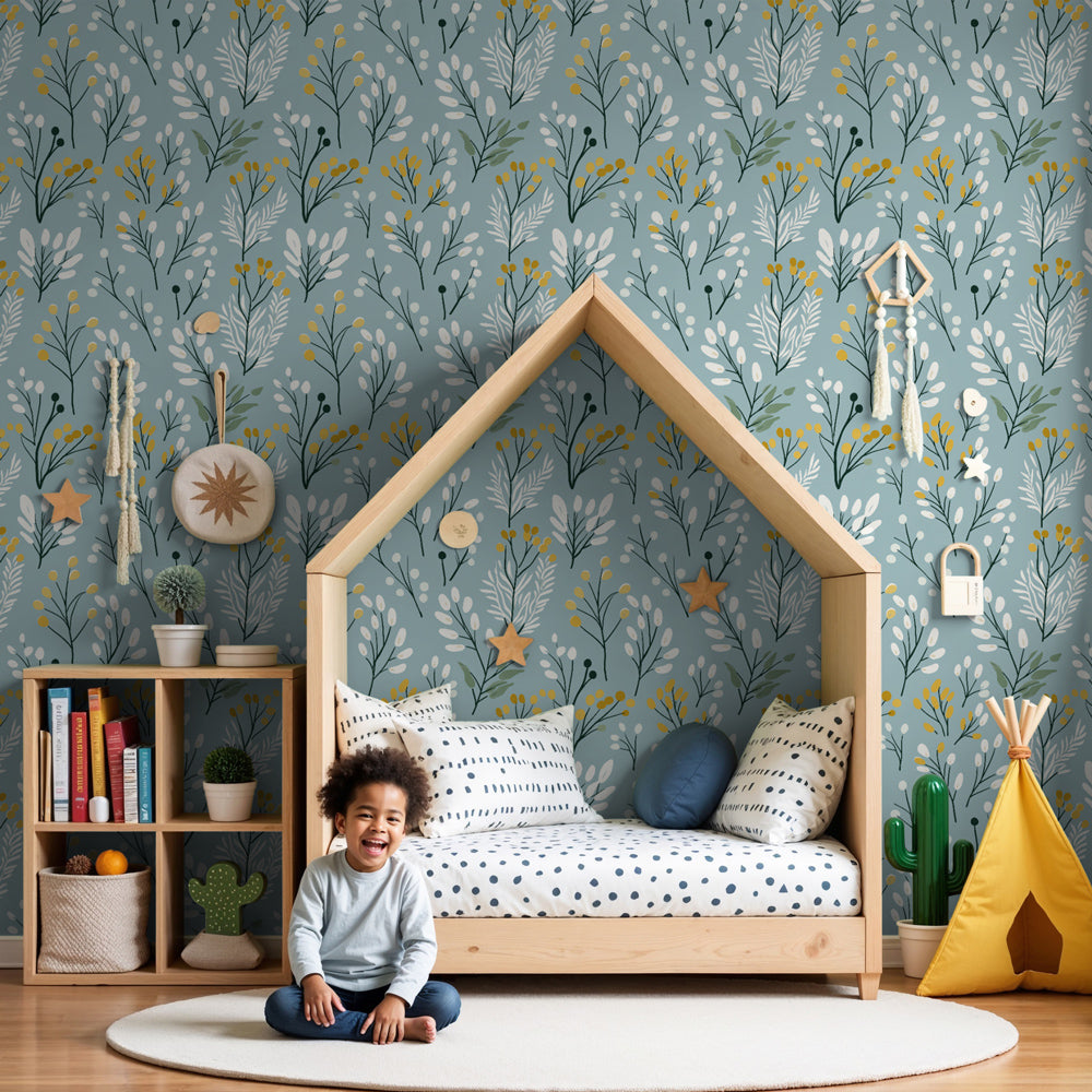 Delicate floral mural wallpaper creating peaceful garden atmosphere in modern kids nursery by Kids-Mundo