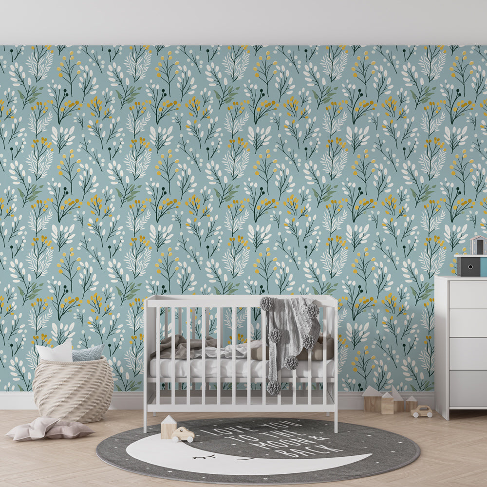 Blue floral wallpaper with botanical motifs decorating children's bedroom with natural garden theme