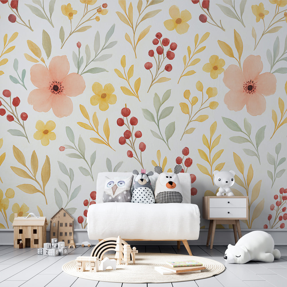 Floral mural wallpaper with soft pastels transforming children's bedroom into botanical haven