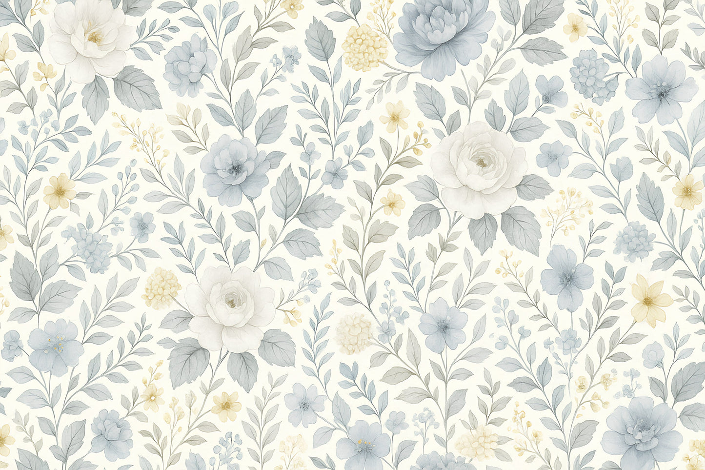 Detailed floral mural wallpaper design pattern with delicate blue cream flowers by Kids-Mundo