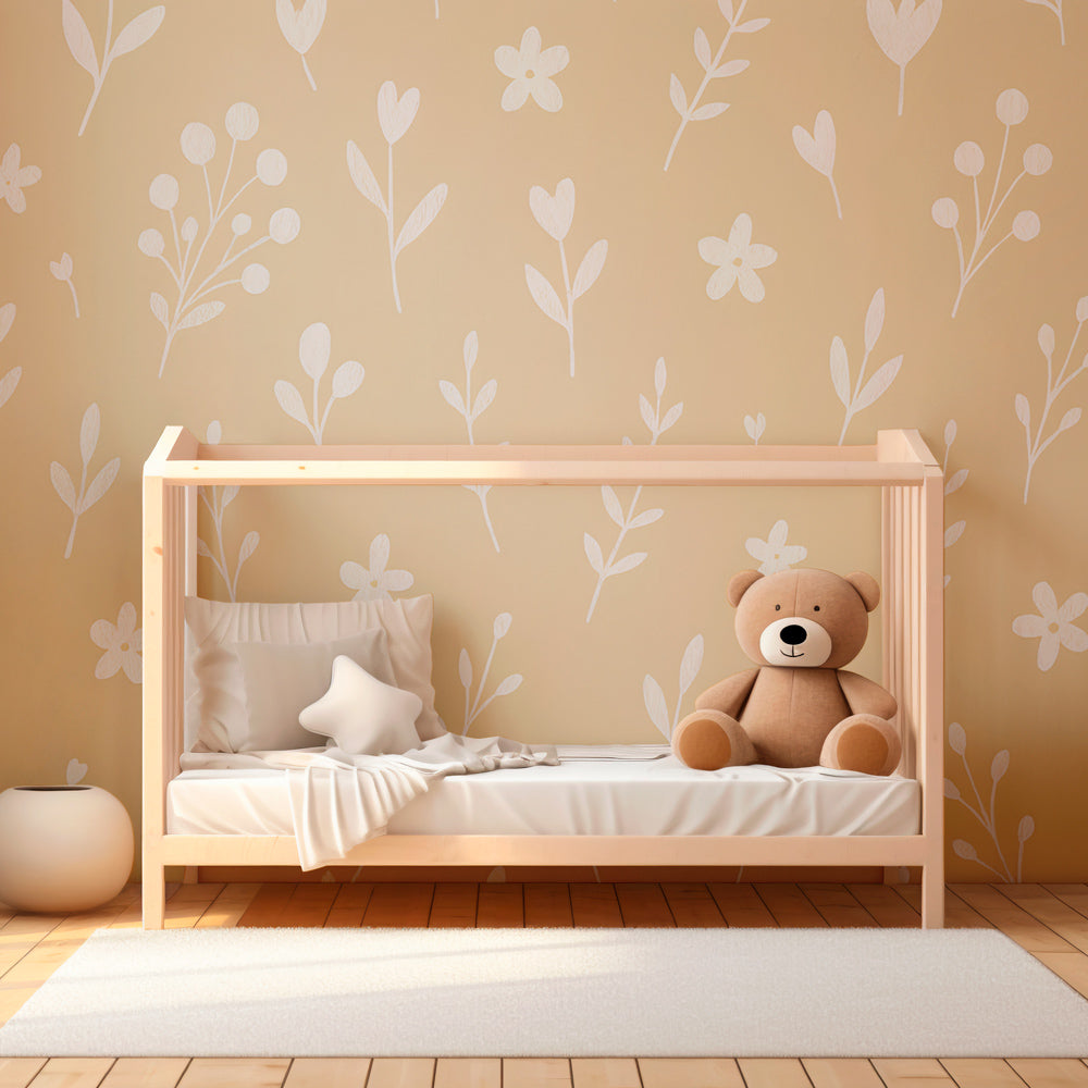 Botanical floral wallpaper creating serene children's bedroom decor with natural wood furniture