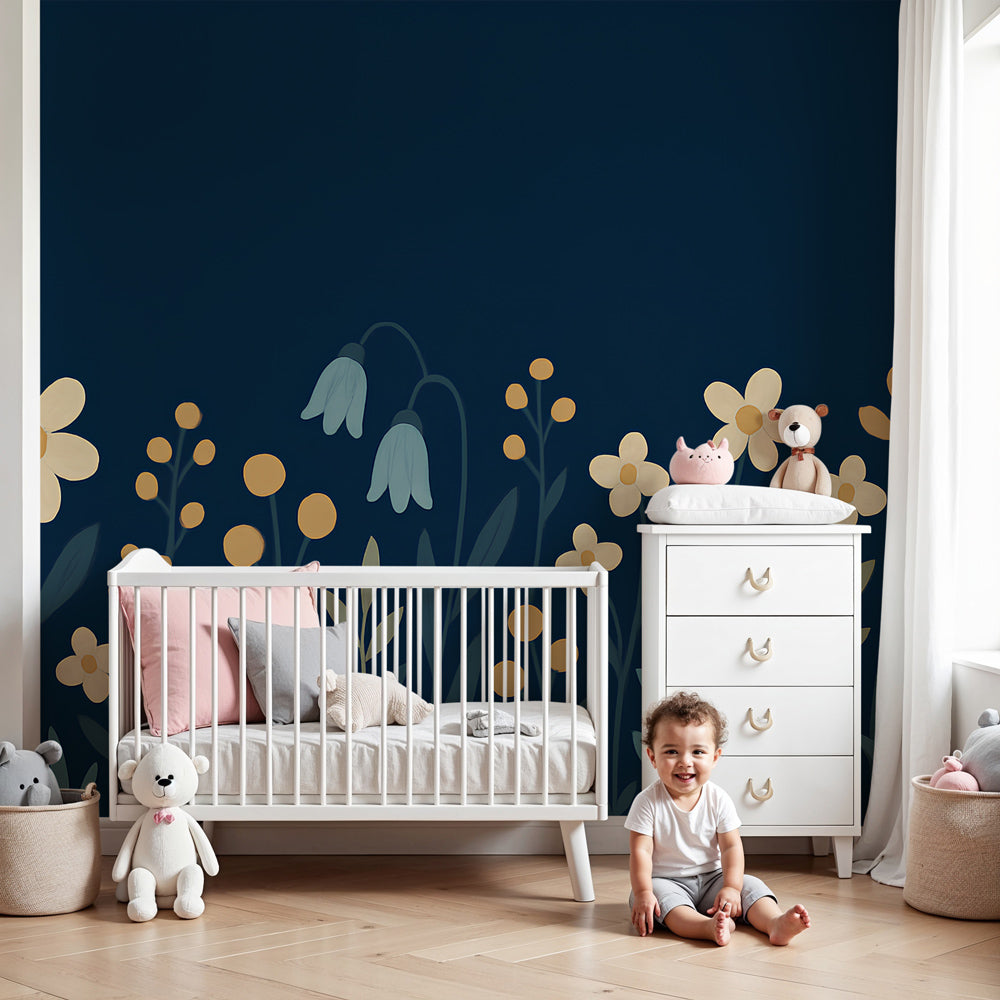 Soft floral mural wallpaper with white and golden blooms in cozy kids bedroom by Kids-Mundo