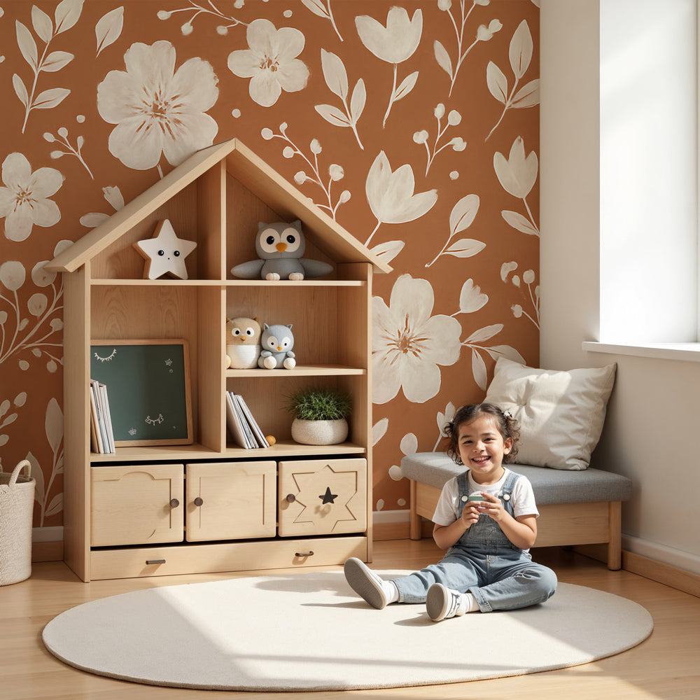 Delicate floral mural wallpaper in modern nursery with terracotta background by Kids-Mundo