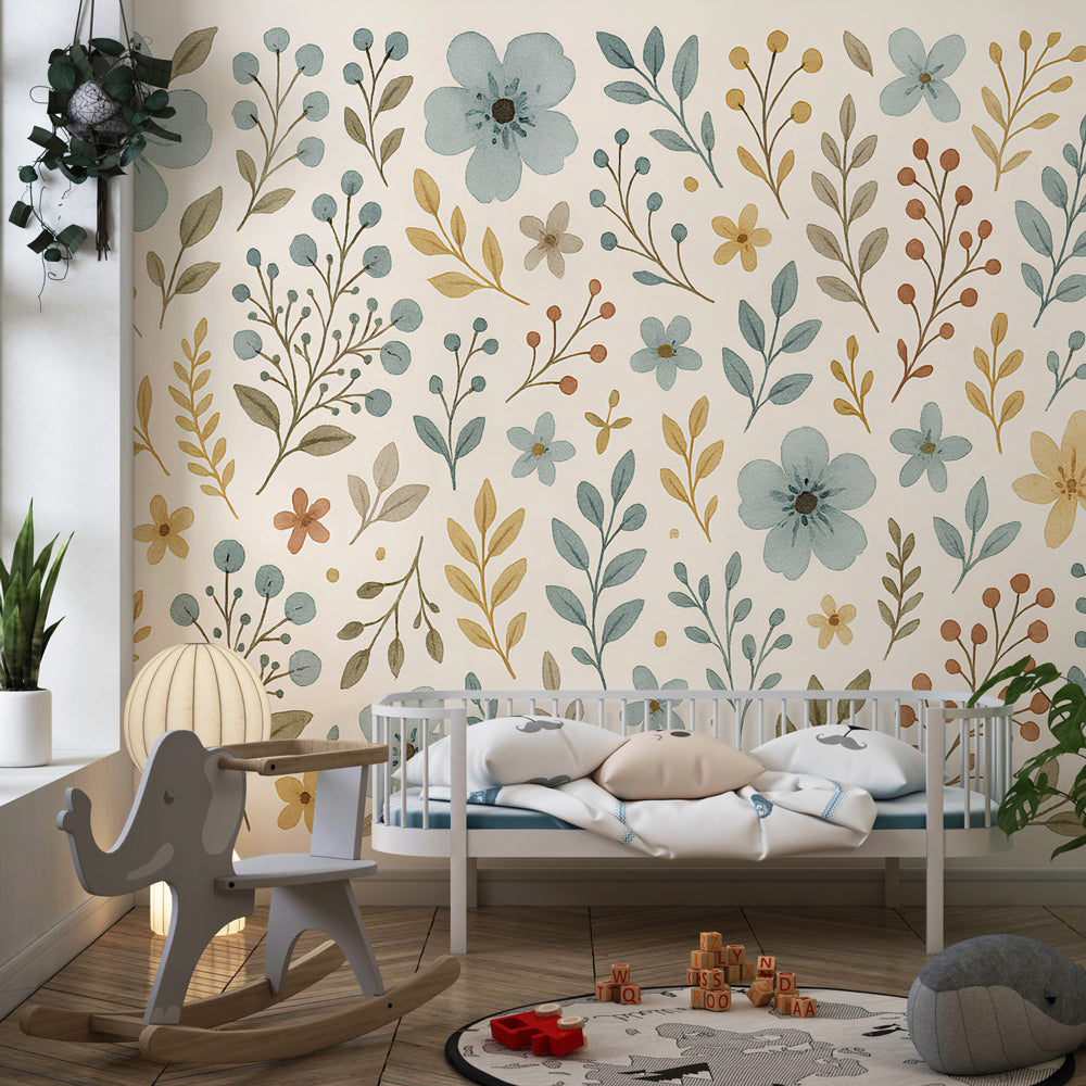 Watercolor flower wallpaper transforming kids bedroom with soft pastel botanical design