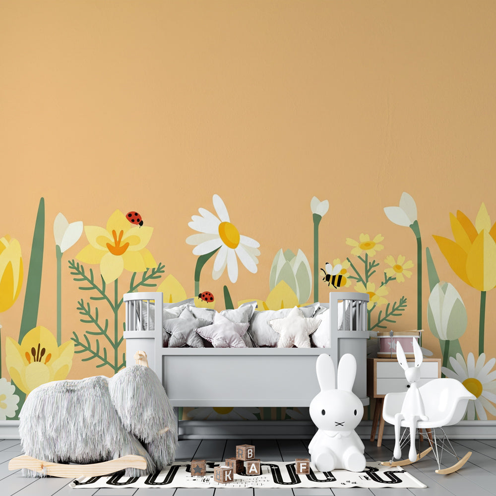 Colorful flower garden wallpaper creating cheerful atmosphere in children's bedroom decor