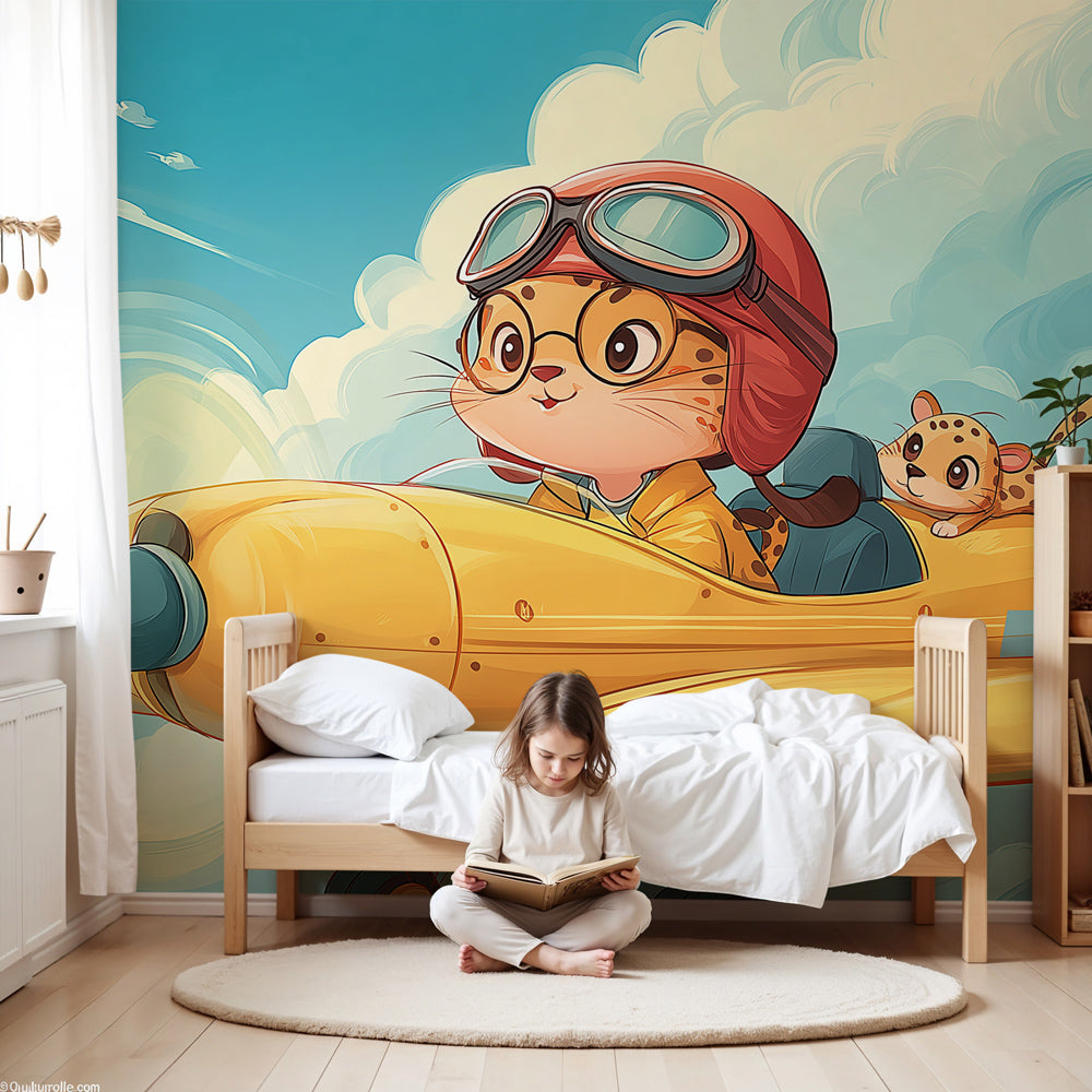 Flying cat pilot mural wallpaper in modern nursery with aviation adventure theme by Kids-Mundo