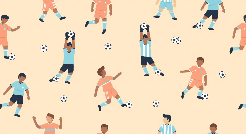 Kids-Mundo flat artwork of a football players and footballs pattern design