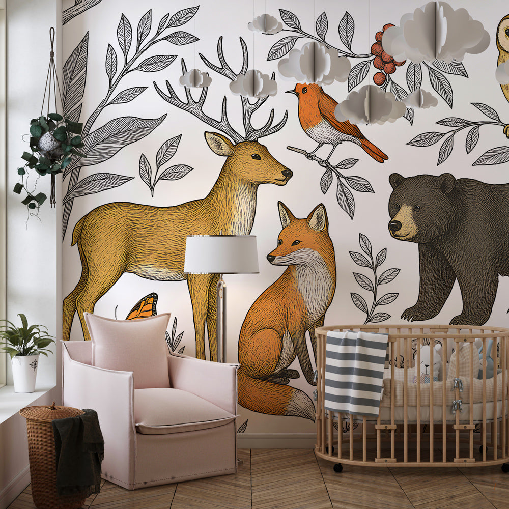 Woodland creatures mural wallpaper creating magical kids bedroom decor with warm earth tones