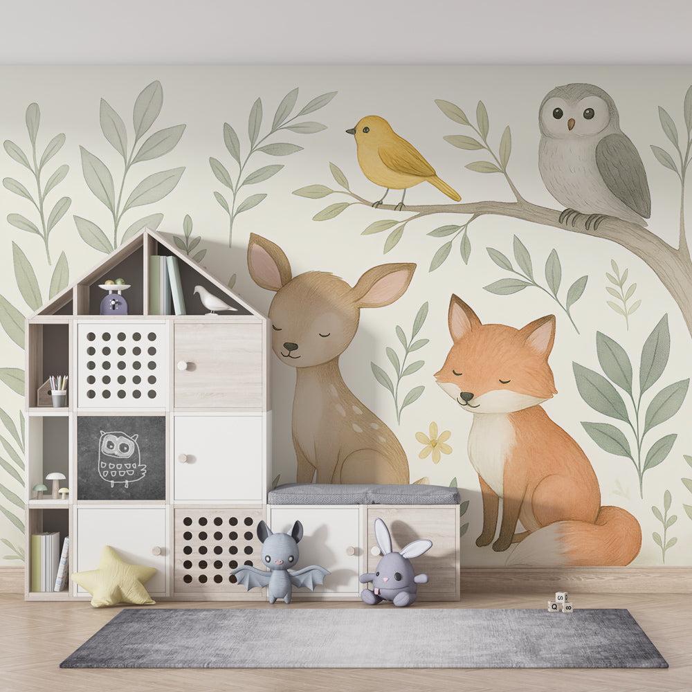 Gentle woodland animals wallpaper creating serene kids bedroom atmosphere with natural decor