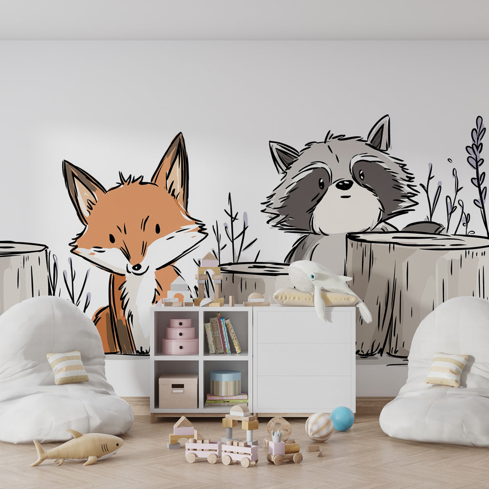 Woodland fox and raccoon wallpaper creating magical children's bedroom decor atmosphere
