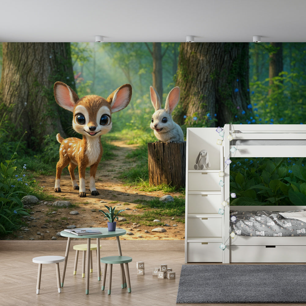 Enchanted woodland mural wallpaper creating magical atmosphere in children's bedroom