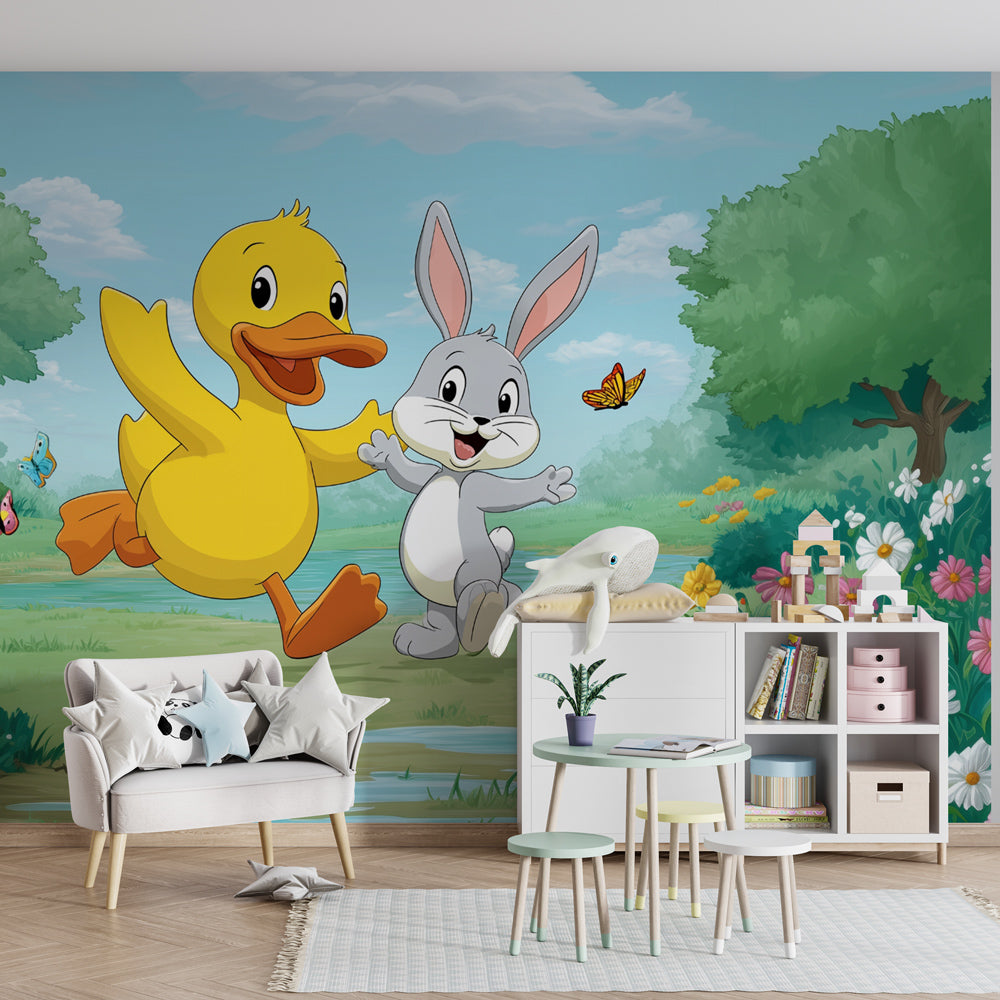 Woodland creatures wallpaper creating magical children's bedroom atmosphere with nature theme
