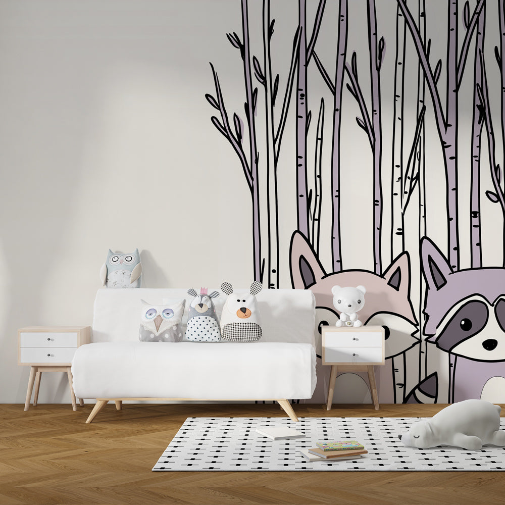 Woodland fox and raccoon wallpaper creating cozy children's bedroom atmosphere