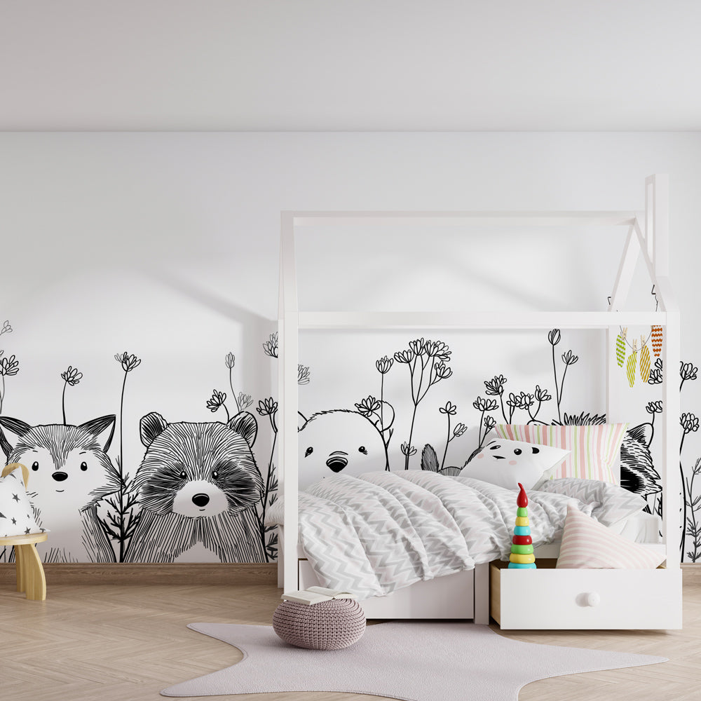 Woodland creatures wallpaper creating cozy children's bedroom atmosphere with fox and bear