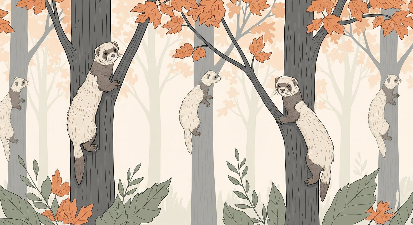 Detailed forest animals mural wallpaper design pattern featuring ferrets and autumn foliage by Kids-Mundo