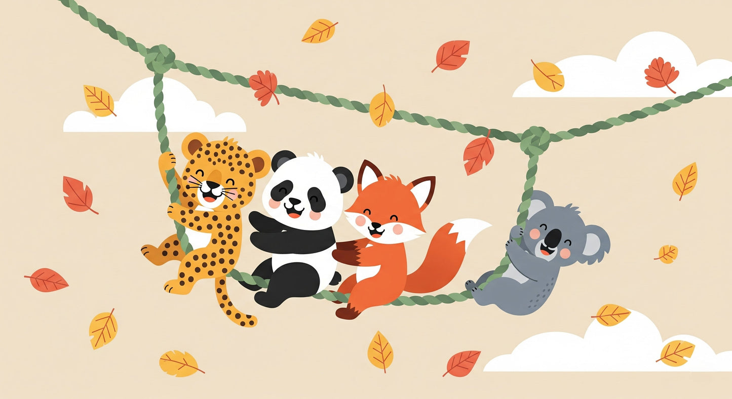 Detailed forest animals mural wallpaper design pattern showing woodland creatures on rope swing by Kids-Mundo