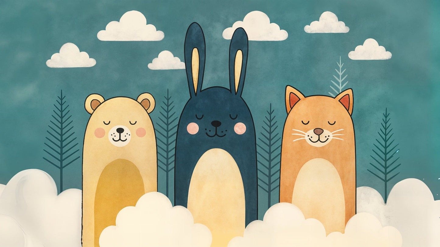 Detailed forest animals mural wallpaper design pattern with bears rabbits cats by Kids-Mundo