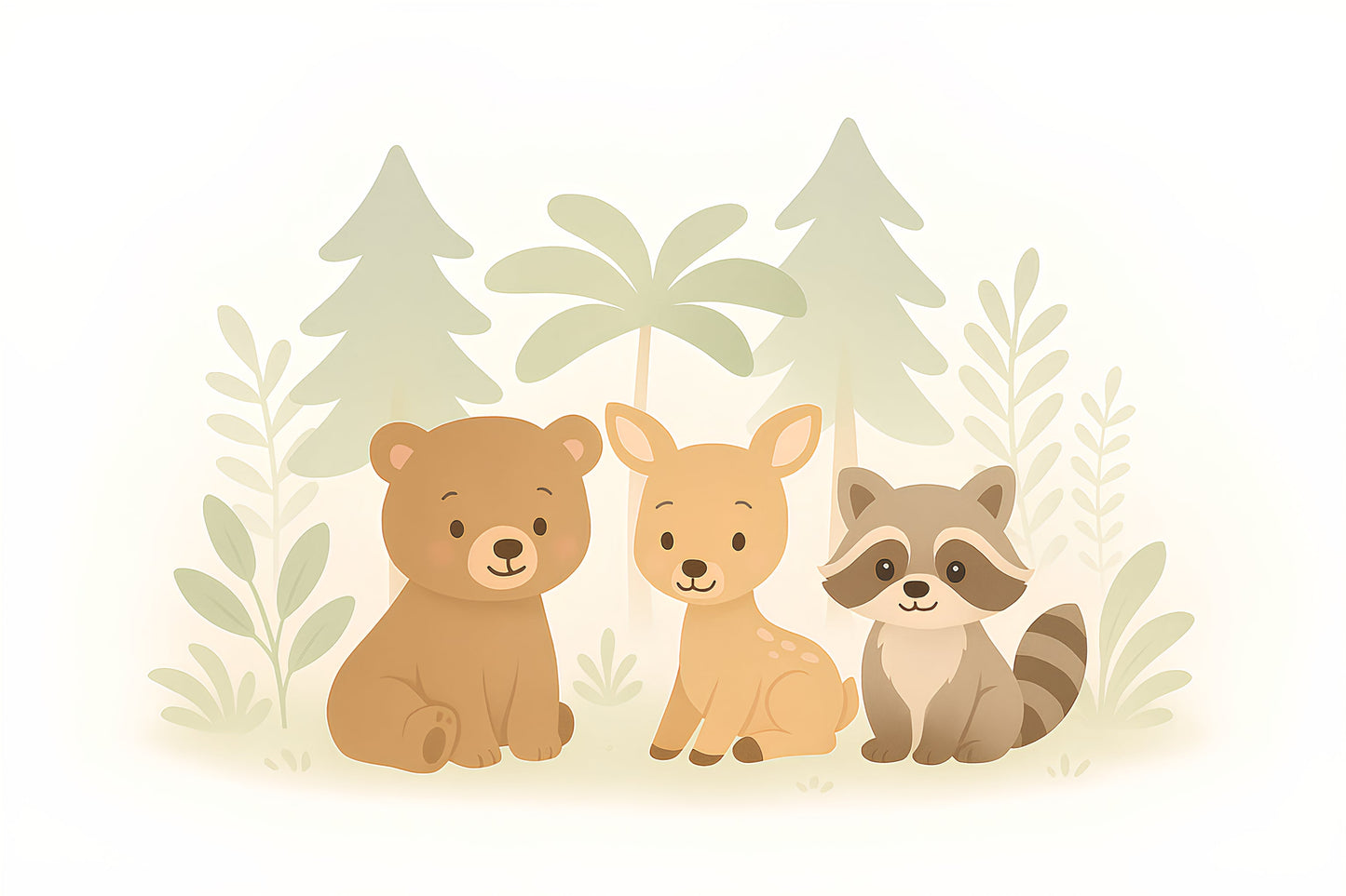 Detailed forest animals mural wallpaper design pattern featuring bear fawn raccoon by Kids-Mundo