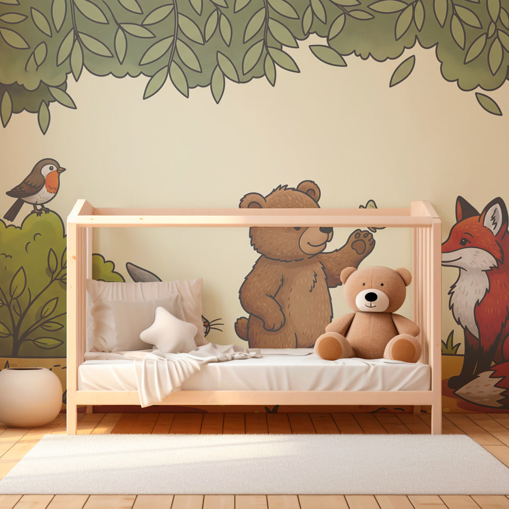 Woodland adventure mural wallpaper creating magical kids bedroom decor with natural elements
