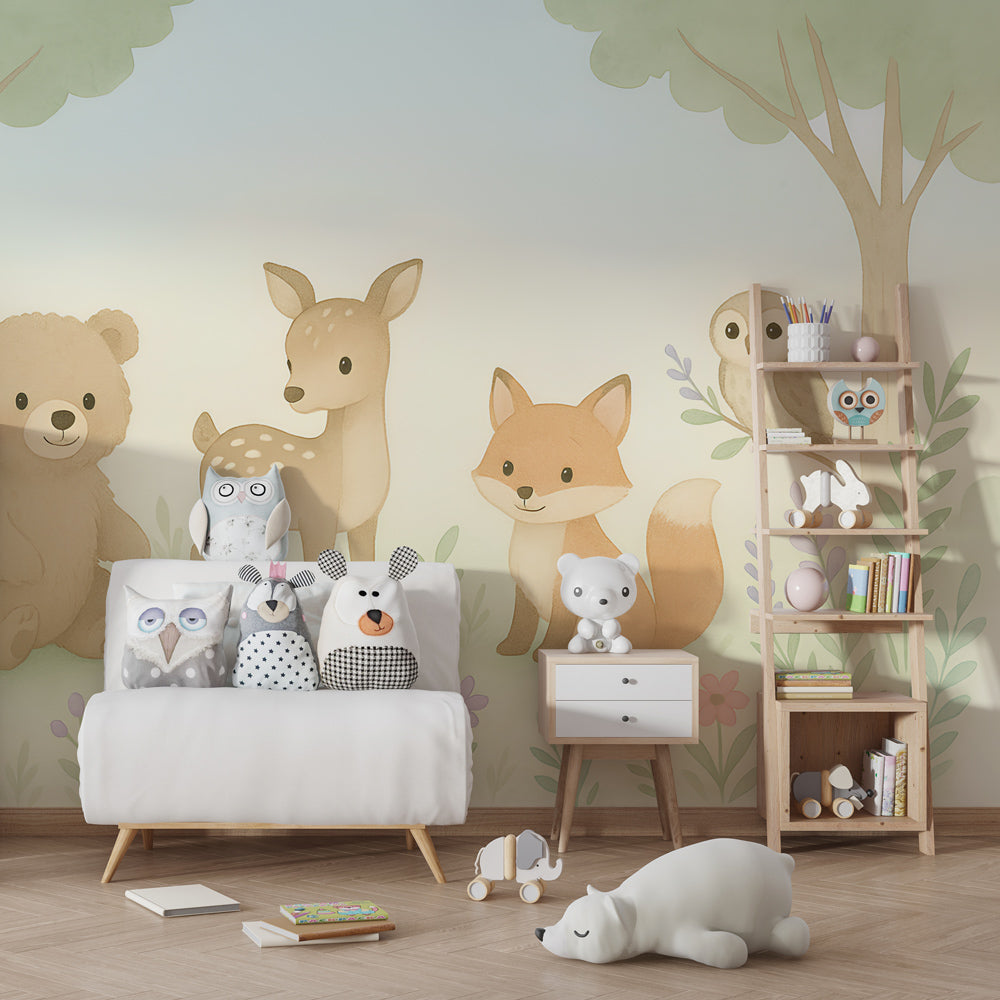 Pastel woodland animals wallpaper creating magical kids bedroom decor