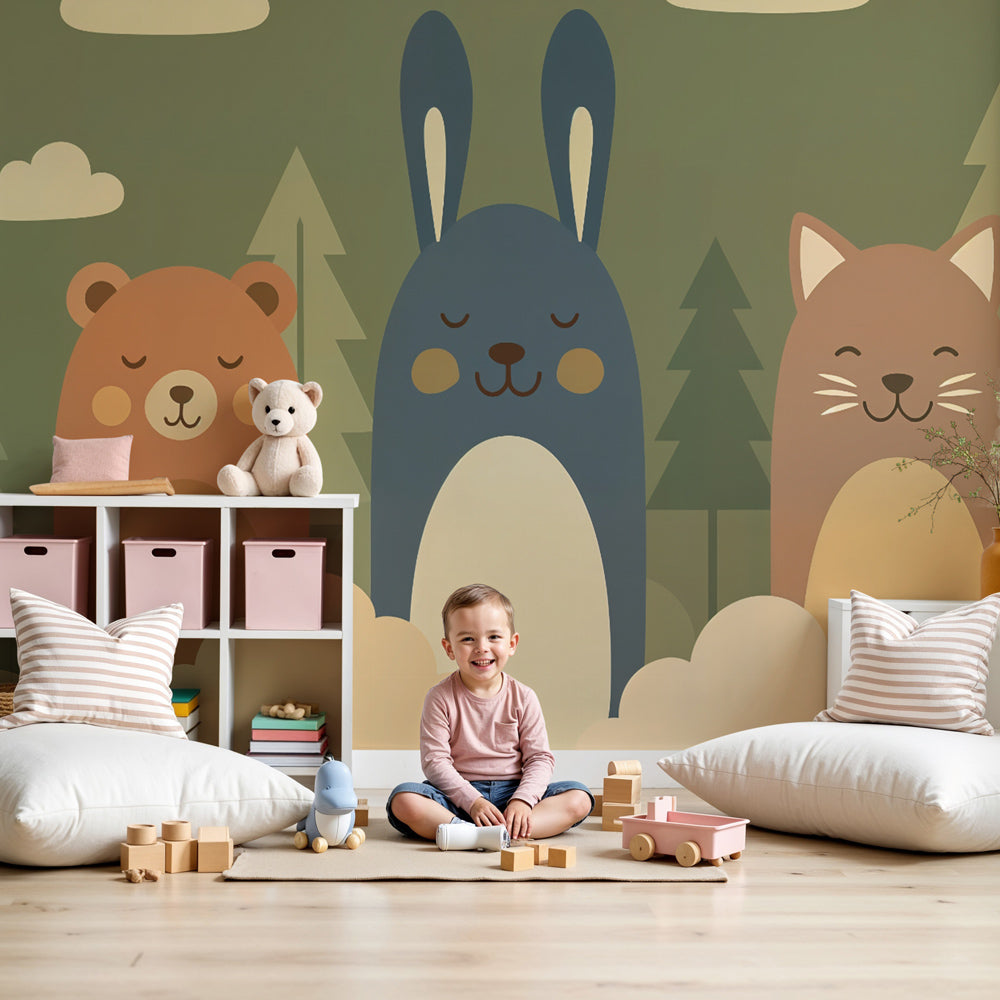 Forest animals mural wallpaper creating peaceful woodland nursery with bear rabbit and cat by Kids-Mundo