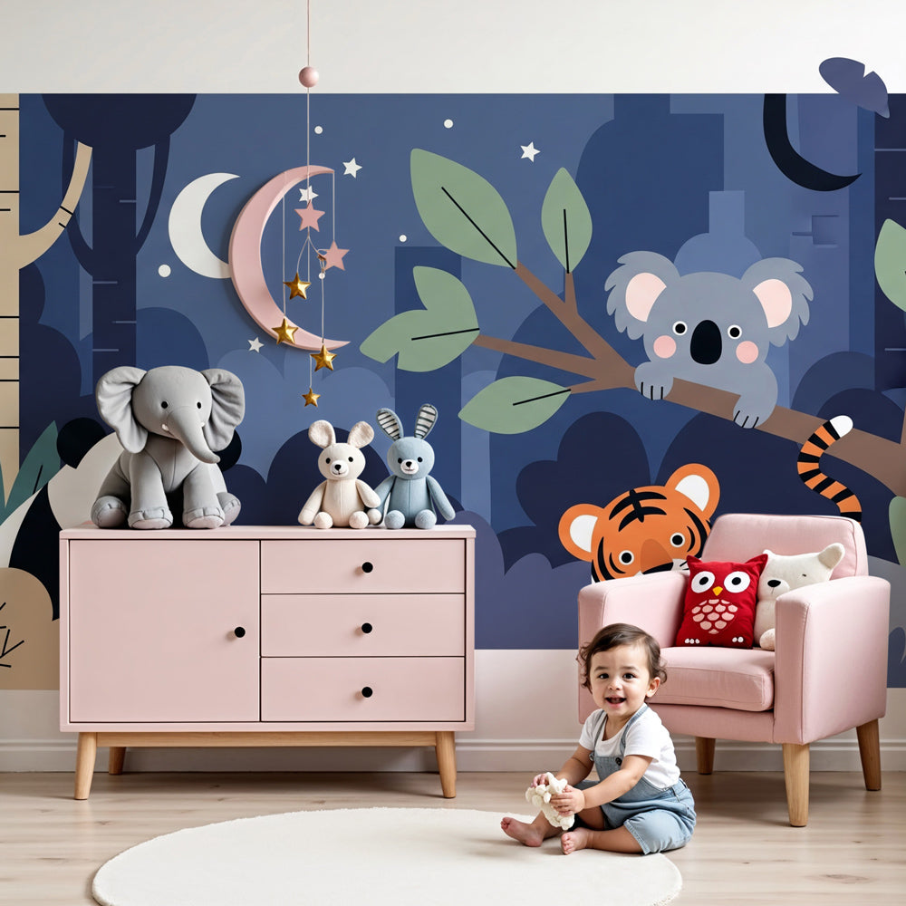 Forest animals mural wallpaper in modern nursery with panda tiger koala nocturnal scene by Kids-Mundo