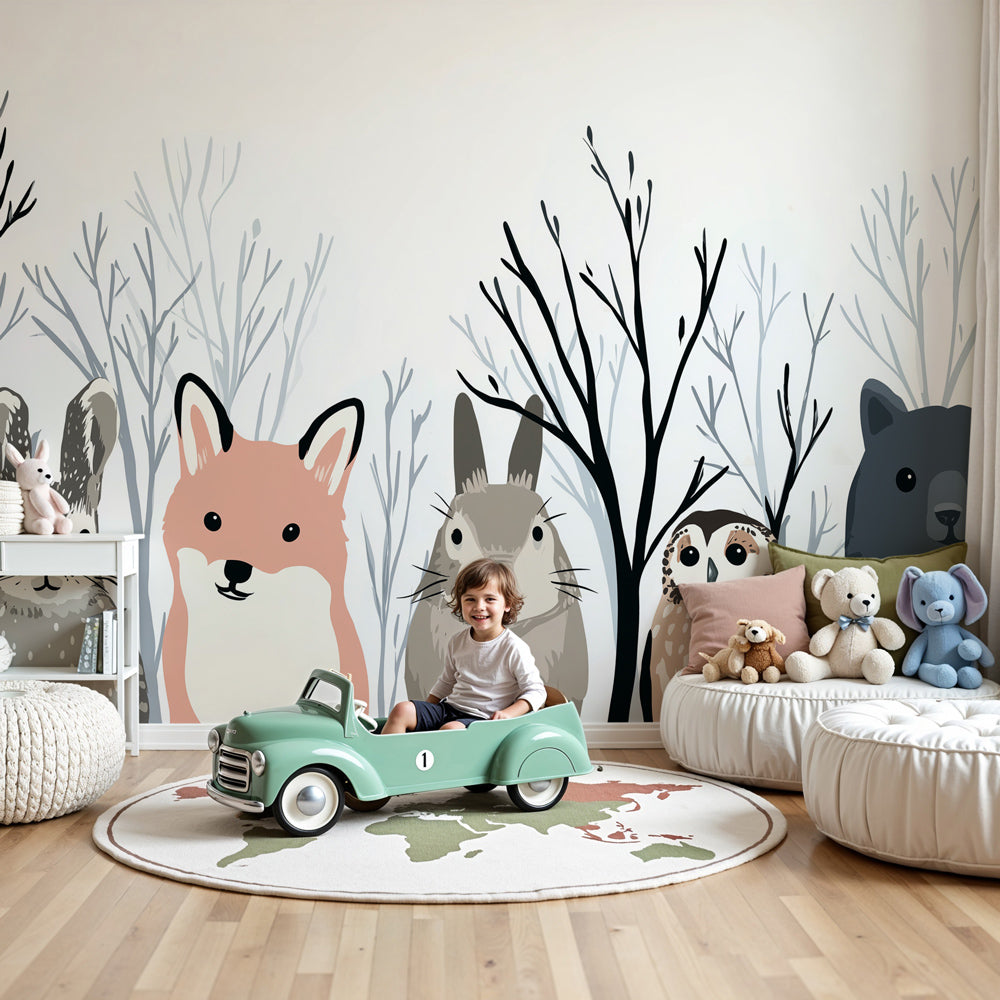 Forest animals mural wallpaper in cozy nursery with woodland creatures and natural decor by Kids-Mundo