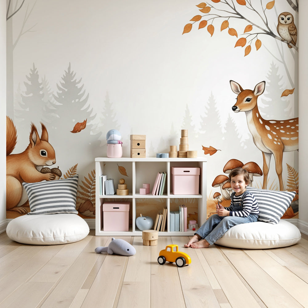 Forest animals mural wallpaper with squirrel and deer creating magical nursery decor by Kids-Mundo