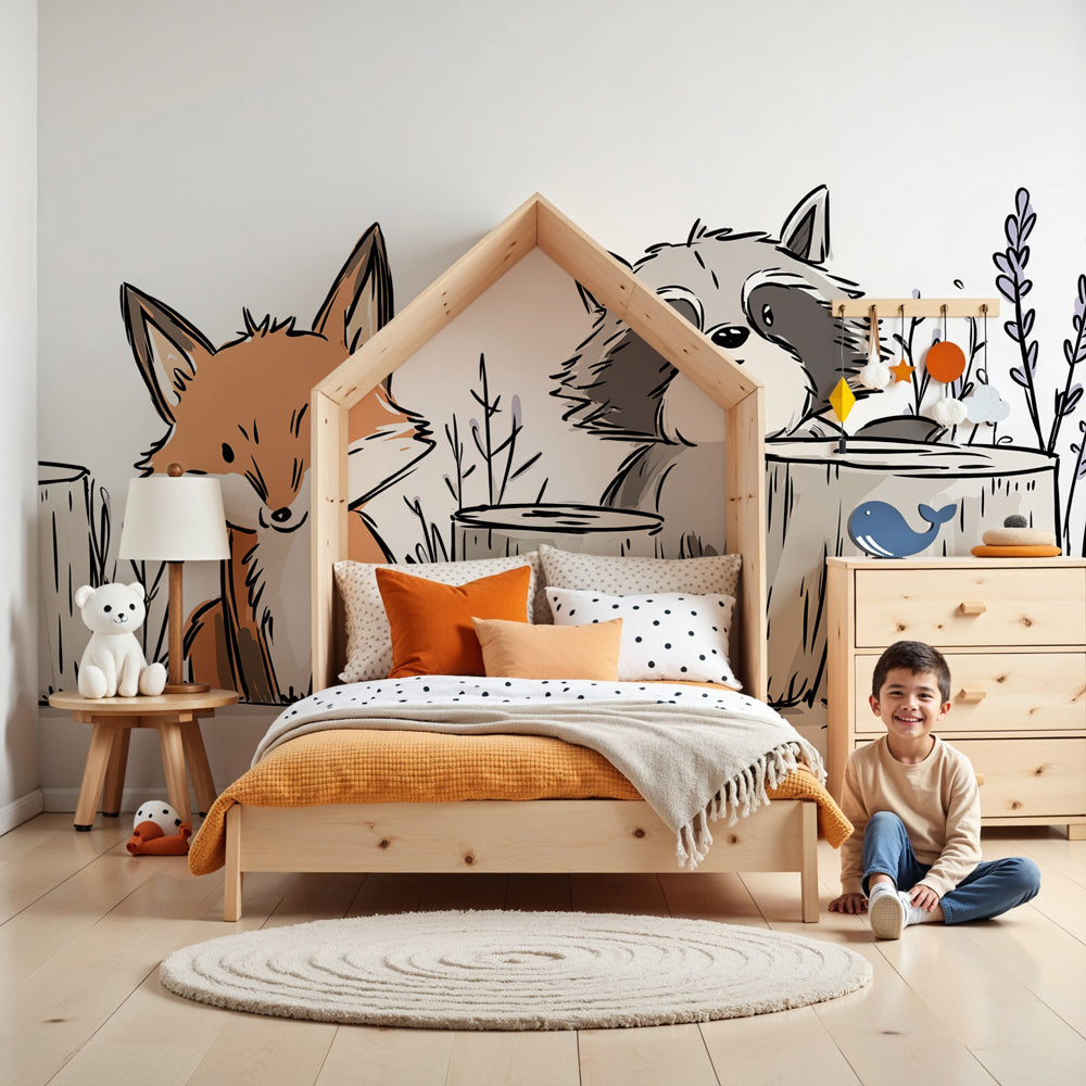 Forest animals mural wallpaper with fox and raccoon in modern nursery room by Kids-Mundo
