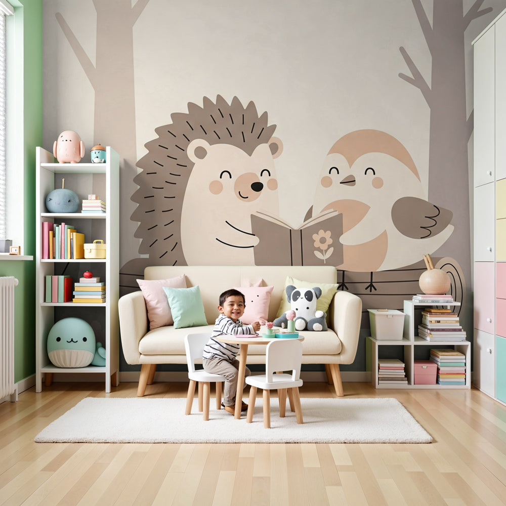 Forest animals mural wallpaper with reading hedgehog and bird in cozy nursery by Kids-Mundo