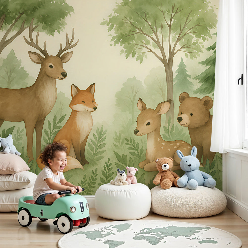 Forest animals mural wallpaper in cozy nursery with woodland creatures design by Kids-Mundo