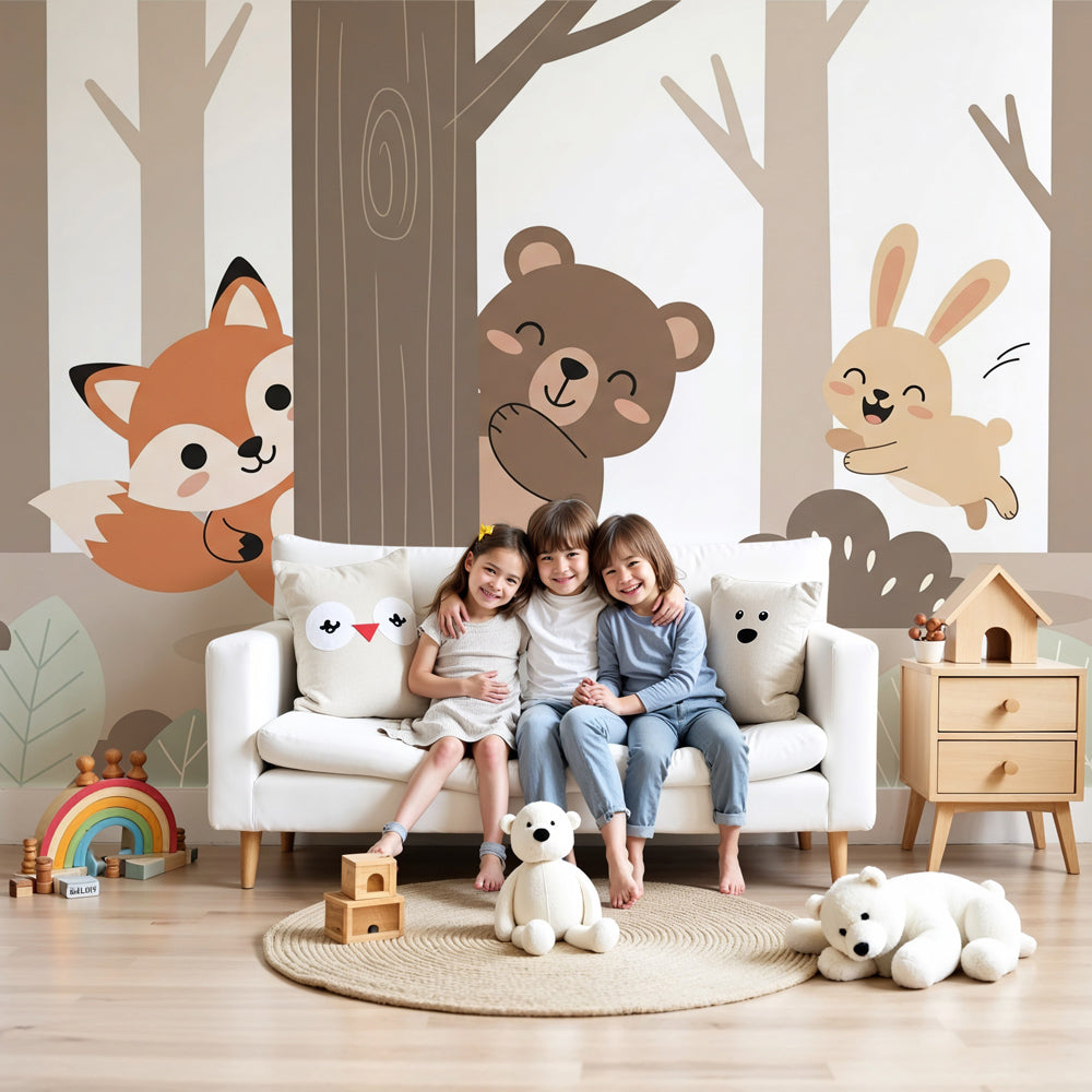 Forest animals mural wallpaper with fox bear and rabbit in cozy nursery setting by Kids-Mundo