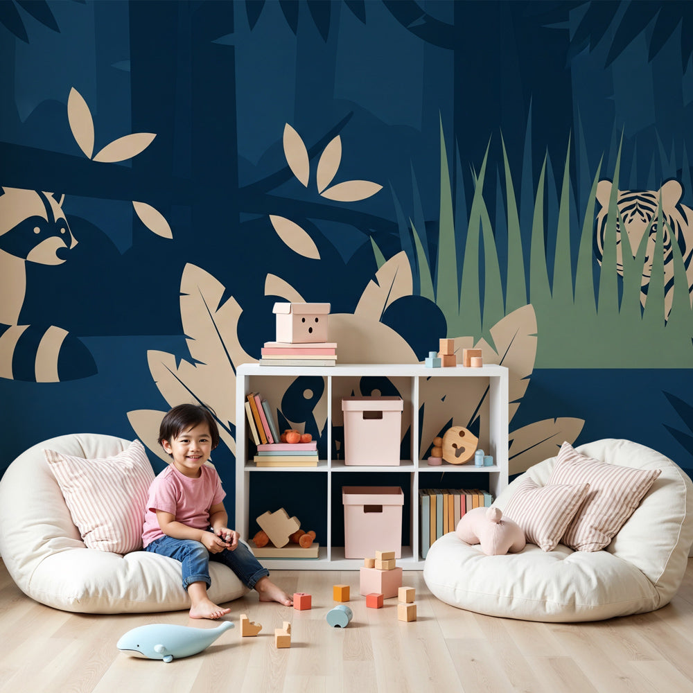 Forest animals mural wallpaper in modern nursery with panda tiger raccoon nocturnal design by Kids-Mundo
